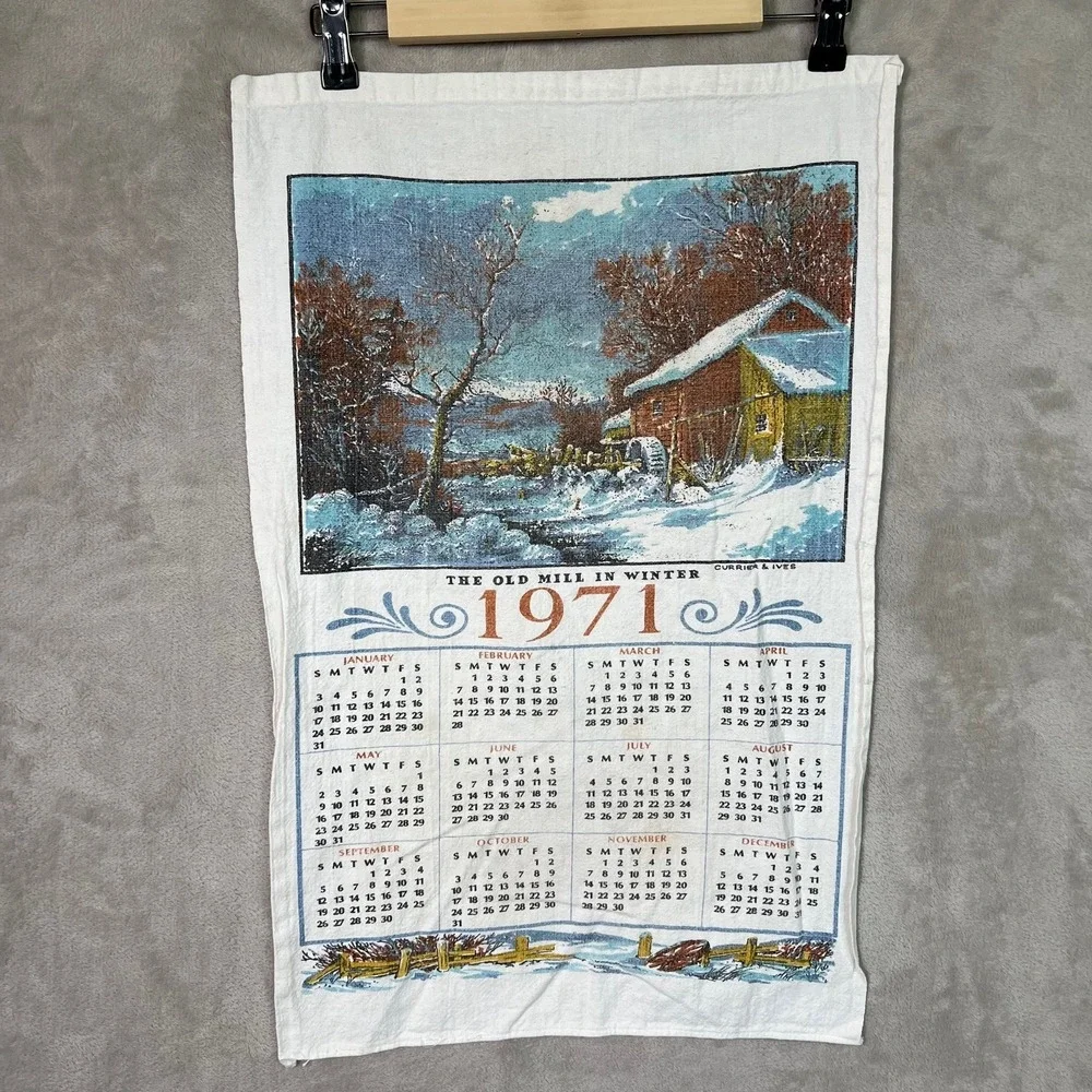 VTG 1971 Calendar Towel Currier & Ives 'Old Mill in Winter' Anniversary Birthday